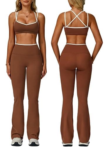 ABOCIW Workout Sets for Women 2 Piece Color Block Strappy Sports Bra High Waist Flare Leggings Gym Yoga Pilates Outfits - Image 1