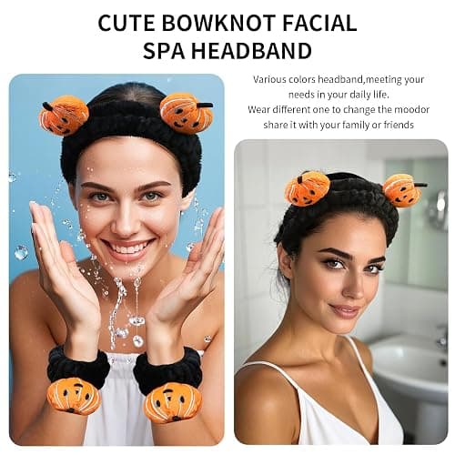 FlyingMage Kawaii Spa Headband and Wristband Set for Women Girls, Cute Halloween Skincare Headbands for Face Washing, Fluffy Makeup Headband for Washing Face, Bath, Shower and Beauty, Black Pumpkin thumbnail 2