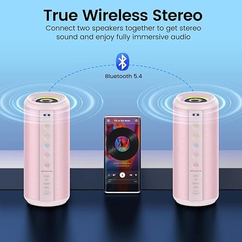 Portable Bluetooth Speaker, 2026 Bluetooth 5.4 Wireless Speaker with 20W HD Loud Stereo Sound, 20H Playtime, LED Lights, IP7, TWS Pairing, Built-in Mic, for Outdoor, Home, Beach, Party, Gift, Pink thumbnail 5