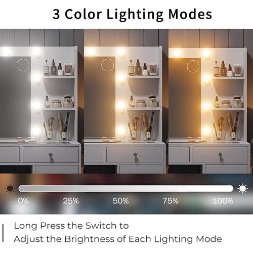 Yanosaku Vanity Desk & Power Outlet, Makeup Vanity with Mirror and 10 LED Lights, 3 Lighting Modes Brightness Adjustable, Makeup Table with 4 Shelves and Fold-up Panel, Vanity Set for Bedroom, White thumbnail 5