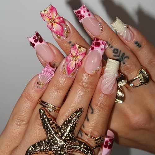 24Pcs Summer Press on Nails Medium Square Fake Nails with Pearl Rhinestones Designs Gold Starfish Seashell Glue on Nails 3D Flower Acrylic Nails Beach False Nail French Tip Stick on Nail for Women thumbnail 2