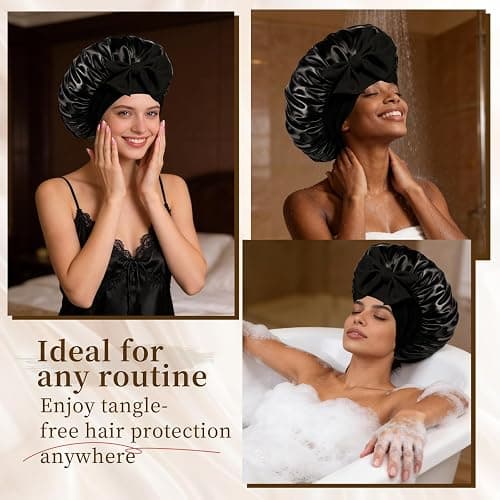Silk Bonnet Satin Bonnet for Sleeping Large Bonnets with Tie Band Hair Wrap with Adjustable Straps Hair Cap for Women Curly Black thumbnail 5