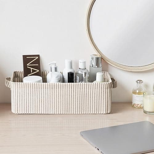 StorageWorks Narrow Storage Bins, Small Basket for Bathroom, Closet and Shelves, Fabric Organizer with Handles, Toilet Paper Storage, Khaki Stripes, 2-Pack thumbnail 4
