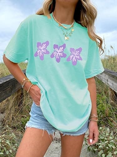 Oversized Graphic Shirt for Teens Girl Y2K Ocean Floral Short Sleeve Baggy Tee Shirts Vintage Aesthetic Coastal Tops thumbnail 3