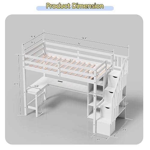Xilingol Twin Loft Bed with Stairs and Desk, Solid Wooden Loft Bed, Heavy Duty Loft Bed with L-Shape Desk, LED Light Strips, Charging Station, Storage Cabinets, Extra-High Guardrails for Kids, Teens thumbnail 2