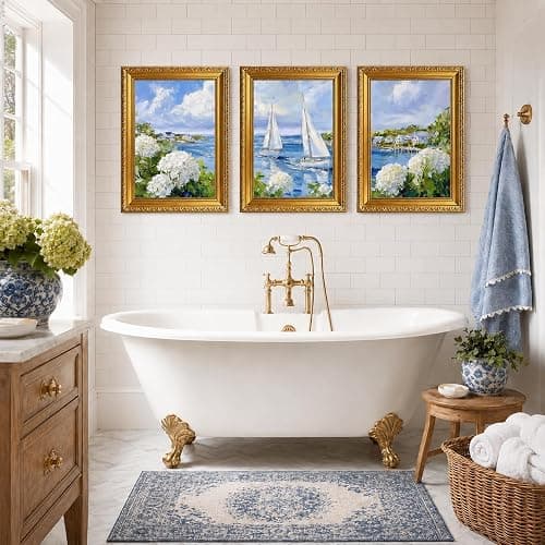 3 Piece Coastal Sailboat Wall Art, Vintage Gold Framed Decor, 12x16 inch | Coastal sailboat and hydrangea wall art set in vintage gold frames for living room, bedroom, bathroom, and office wall art thumbnail 4