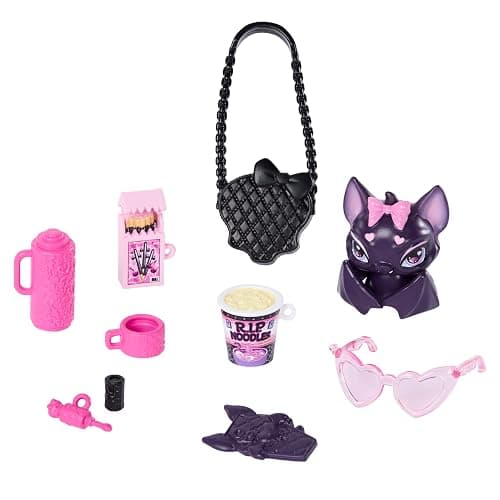 Monster High Doll, Draculaura in Pink Bow Dress and Black Cardigan with Pet Bat Count Fabulous and 7 Accessories Like Ramen, Lipstick and Purse thumbnail 6