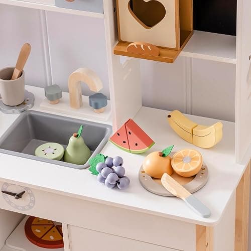 ROBOTIME Wooden Play Food Cutting Fruit Set, Pretend Play Toy Food for Play Kitchen with Shopping Bag – Kids Kitchen Accessories, Wooden Fruit Toys for Kids Boys Girls thumbnail 3