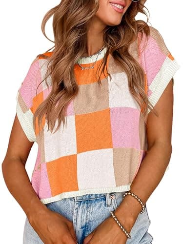 Saodimallsu Womens Cap Sleeve Crop Tops Summer Color Block Going Out Crew Neck Knit Trendy Casual Sweater - Image 1