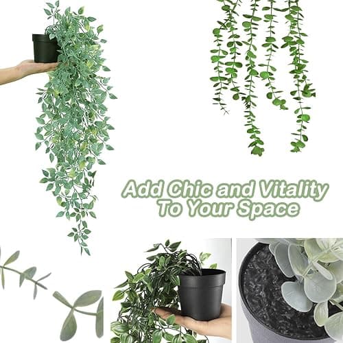 Artificial Hanging Plants 3Pcs Potted Greenery Decor - Grey Eucalyptus Mandala Snow Pea Vine in Pot Plants for Office Farmhouse Home Indoor Outdoor Decor thumbnail 5
