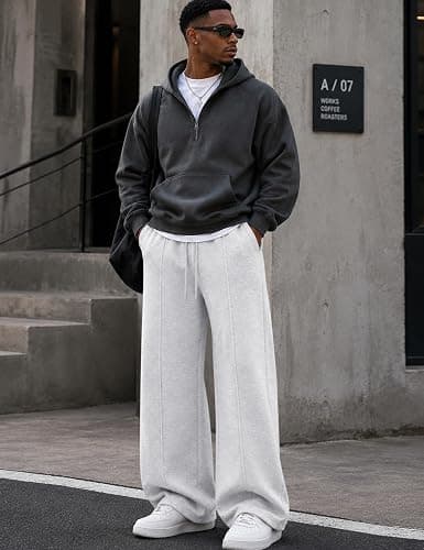HeSaYep Men's Baggy Sweatpants Fleece Lounge Wide Leg Sweat Pants | Open Bottom Cotton Pants Winter Thermal Straight Leg Pants Athletic Gym Workout Running Sleep Casual Sweatpants with Pockets thumbnail 3