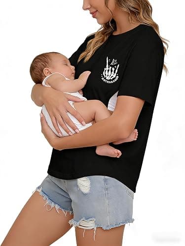 Comfort Breastfeeding Shirts for Women Zip Nursing Tops Causal Distressed Acid Washed Maternity Tees thumbnail 4