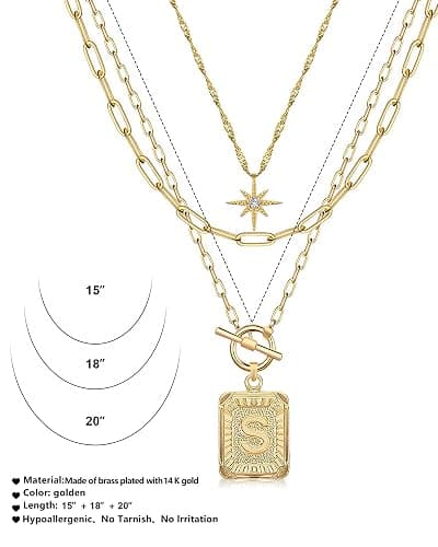 MJartoria Layered Initial Necklaces for Women Trendy, 14K Gold Plated Brass Simple Star Choker Square Letter Pendant Necklace, Paperclip Chain Necklaces Jewelry Gifts thumbnail 5