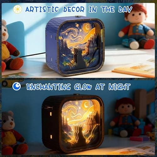 3D Wooden Puzzle Night Light DIY LED Art Lamp Kit for Adults Desk Decor Relaxing Craft Project Table Ornament and Unique Gift (Starry Cat) thumbnail 4