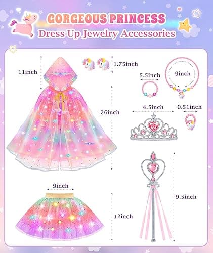 DOLNOW Princess Dress Up for Girls, Light up Princess Cape Princess Dress Costume Crown Wand Gifts for Toddler Girls 3 4 5 6 - Rainbow thumbnail 8