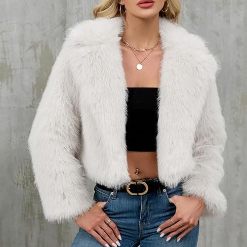 Womens Faux Fur Cropped Coat Luxury Lapel Long Sleeve Fleece Jacket Plush Open Front Cardigan Windproof Outwear Coats Winter Warm Super Soft Thick Short Jackets Parka Fluffy Tops Solid Color thumbnail 6