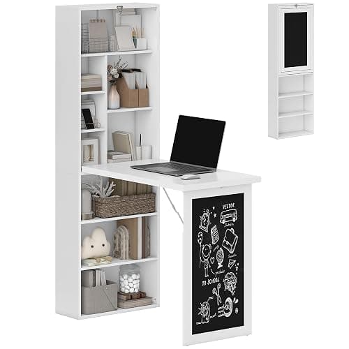 HOMCOM Foldable Convertible Writing Table, Wall Mounted Space-Saving Computer Desk with Chalkboard and Storage Shelves for Small Spaces, Home Office, Bedroom, Dorm, Apartment, White - Image 1