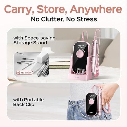 COSLUS Electric Nail Drill Professional: 40000 RPM Rechargeable Nail File with Stand for Acrylic Gel Nails - Stable & Smooth Grinding, Easy to Use, Ideal for Beginners Women, Home DIY and Salon, Pink thumbnail 6