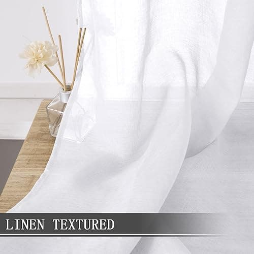 Tollpiz Short Sheer Curtains Linen Textured Bedroom Curtain Sheers Light Filtering Rod Pocket Voile Curtains for Living Room, 54 x 45 inches Long, White, Set of 2 Panels thumbnail 2