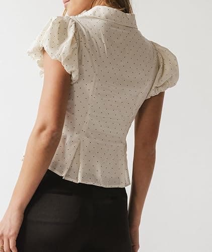 UAURORAO Women Collared Button Up Shirt Puff Short Sleeve V Neck Babydoll Blouse Ruffle Cropped Going Out Tops Teen thumbnail 4