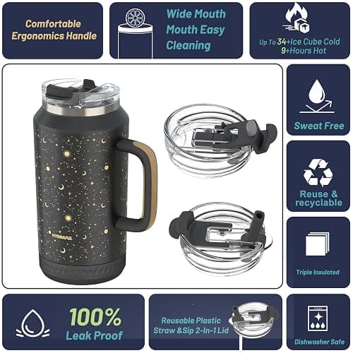 Hydraful 64 oz Tumbler with Handle and Straw - 100% Leak-Proof - Insulated Cup Reusable Stainless Steel Large Water Bottle Travel Mug for Gym, Hiking, and Camping - Gifts for Women Men Him Her thumbnail 3
