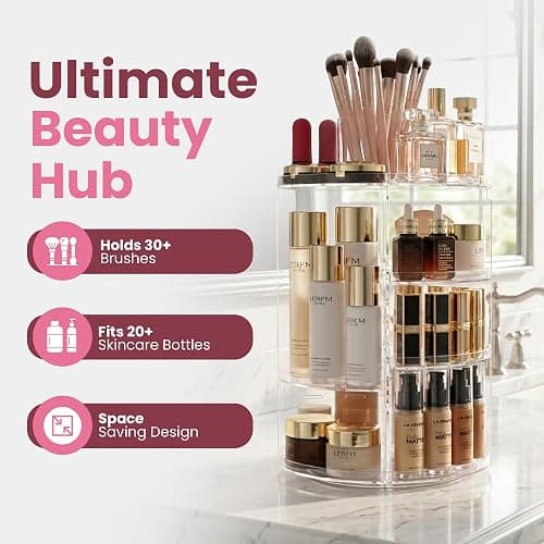 Masirs 360 Rotating Makeup Organizer Countertop - Adjustable Shelf Height - The Perfect Round Spinning Cosmetic Organizer for Bedroom Dresser or Vanity Countertop Storage (Clear) thumbnail 2