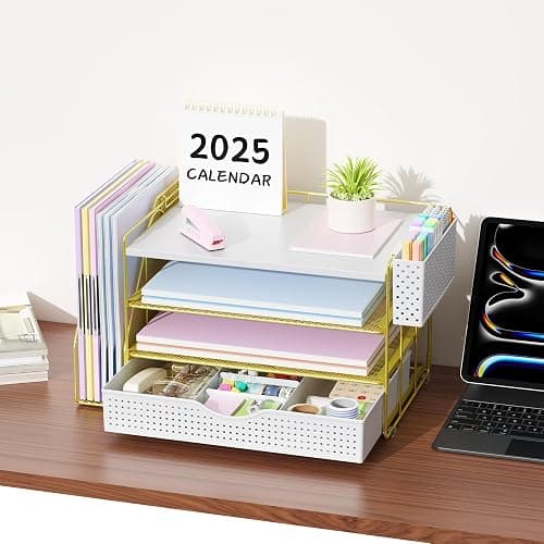 gianotter Wood Desk Organizers and Accessories with File Holder, 4-Tier Desk Accessories & Workspace Organizers with Drawer and Pen Holder, Desk Reference Organizer (Gold, 4T with Drawer) thumbnail 6