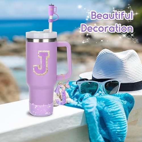 Mity rain 6PCS Cup Accessories Set for Stanley Cup 30oz 40oz tumbler with handle, Including Silicone Straw Topper Cover Cap and Boot, Spill Proof Stopper, Handle Charm, Initials Sticker (Letter J) thumbnail 3