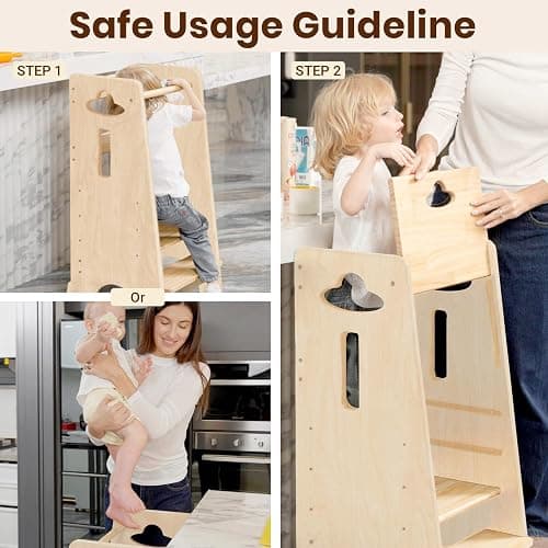 COSYLAND Toddler Standing Tower Adjustable Height - Super Stable Kids Kitchen Stool Helper with Protive Panel - 3 Levels Adjustable Wooden Toddler Kitchen Stool (All Natural) thumbnail 7