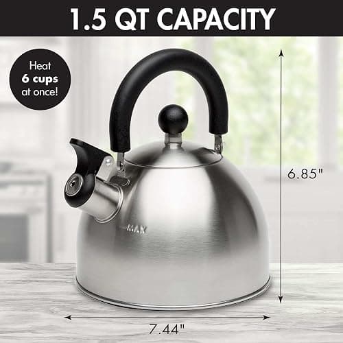 Primula Stewart Whistling Stovetop Tea Kettle Food Grade Stainless Steel, Hot Water Fast to Boil, Cool Touch Folding, 1.5-Quart, Brushed with Black Handle thumbnail 3
