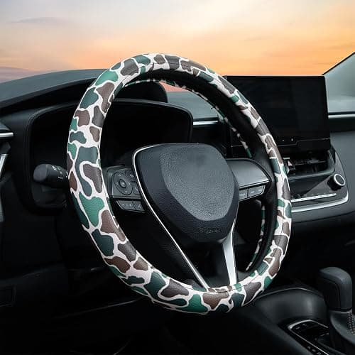 Army Dark Camo Steering Wheel Cover Auto Leather Steering Wheel Protector, Anti-Slip, Breathable, Absorbing Sweat, Universal Camo Car Accessories 14.5–15 inch,Fit for Most Car, Trucks, SUV - Image 1