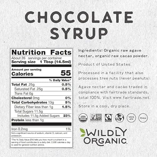Wildly Organic Chocolate Syrup 20 Oz - Organic, Dairy-Free, Fair Trade, Non-GMO, Kosher, Vegan, Premium Rich Chocolate Flavor - Perfect for Ice Cream, Baking, Coffee, Chocolate Milk, Mocha, & Hot Cocoa - 2 Ingredients: Raw Cacao Powder & Raw Agave thumbnail 2