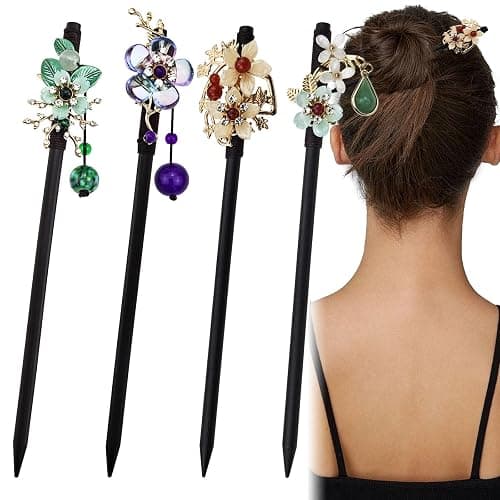 Arvintas 4 PACK Japanese Chinese Wooden Hair Stick, Hairpin with 4 Different Flower Styles, Retro Wooden Hair Accessories for Women Girls - Image 1