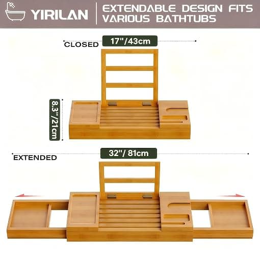 Yirilan Bamboo Bathtub Tray, Expandable Bath Tray for Tub, Bathroom Trays for Bathtub, Bathtub Caddy, Gift for Loved Ones (Bamboo) thumbnail 3