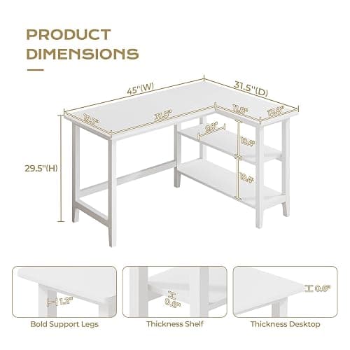 IOTXY 45" Reversible L-Shaped Office Desk with Storage Shelves, White | Solid Rubberwood Legs, 0.6" MDF Desktop, Reversible 2-tier Shelves, Compact Corner Computer Table for Small Spaces thumbnail 2