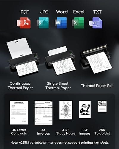 Portable Printers Wireless for Travel, A285M Small Inkless Thermal Printer, Bluetooth Mobile Printer Support 8.5" X 11" Letter & A4 Thermal Paper, Compatible with iPhone Laptop for Home Office Receipt thumbnail 3