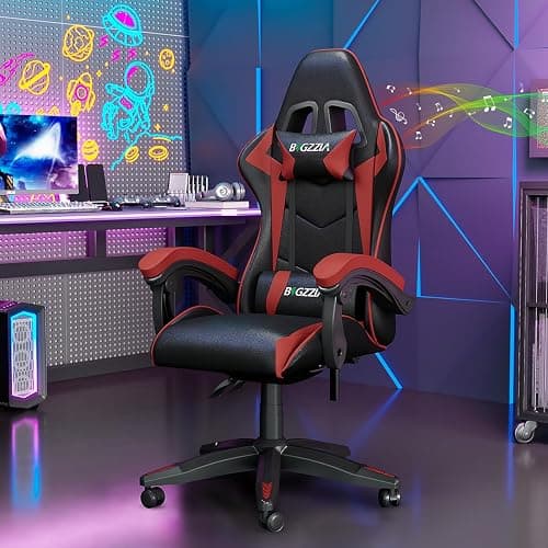Bigzzia Ergonomic Gaming Chair With Speakers Lumbar and Headrest Cushions | Built-in Bluetooth Speakers, 360° swivel, High-density Padding, up to 110kg for Adults (Red) thumbnail 3