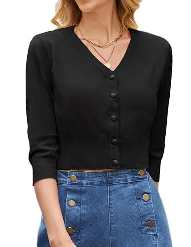 Belle Poque Women's 3/4 Sleeve Cropped Cardigan Shrugs Button Down Sweater thumbnail 4