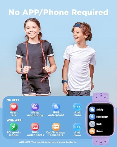BIGGERFIVE Smart Watch for Kids No APP No Phone Needed, 1.8" Fitness Tracker Watch Pedometer, Heart Rate, Sleep Monitor, IP68 Waterproof, Step Counter, Puzzle Games for Girls Teens 5-16, Lilac thumbnail 2