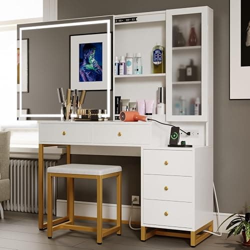 Wildhome Vanity Set with Lighted Mirror and Charging Station, Extra Large Mirror Makeup Vanity Table with Cushioned Stool,5 Drawers, Modern Vanity Table with Nightstand thumbnail 6