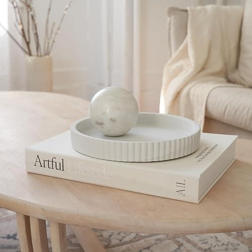 Decorative Concrete Tray & Book Decor Set - Scalloped Tray & Linen Box Enhance Your Coffee Table or Bookshelf Decor - Stylish Home Decoration for Your Living or Dining Room & as a Housewarming Gift thumbnail 9