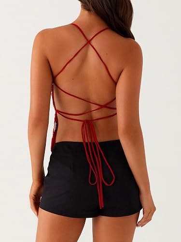 YILEEGOO Women Sequin Sparkle Open Back Criss Cross Straps Tank Top Y2k Pearl Embellished Cami Tops Sexy Bling Glitter Rhinestone Camisole thumbnail 4