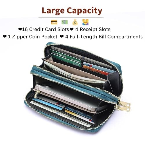 GOIACII Women's Wallet Large Capacity Double Zip Ladies Card Phone Holder RFID Blocking Wristlet Leather thumbnail 3