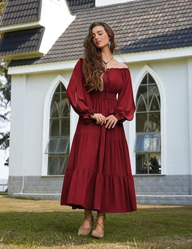 Scarlet Darkness Women Renaissance Off Shoulder Long Sleeve Smocked Waist Tiered Long Maxi Dress thumbnail 6