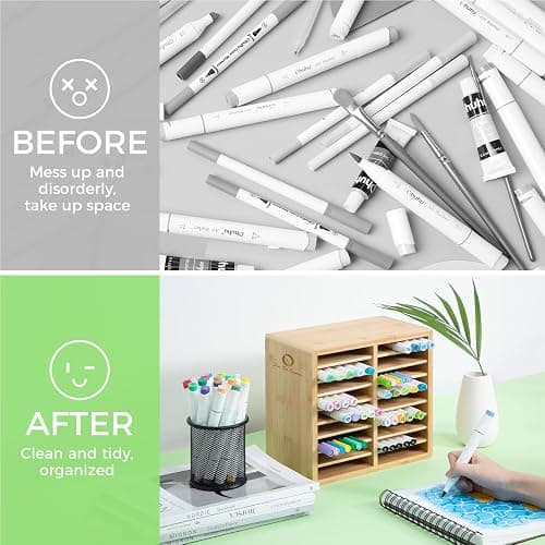 Ohuhu Bamboo Marker Organizer, Wooden Desktop Storage Hold 126 Markers, Pens, Pencils, Art Brushes Stationary Organizer Pencil Holder with 18 Compartments for Home, Classroom, Office Decor thumbnail 6
