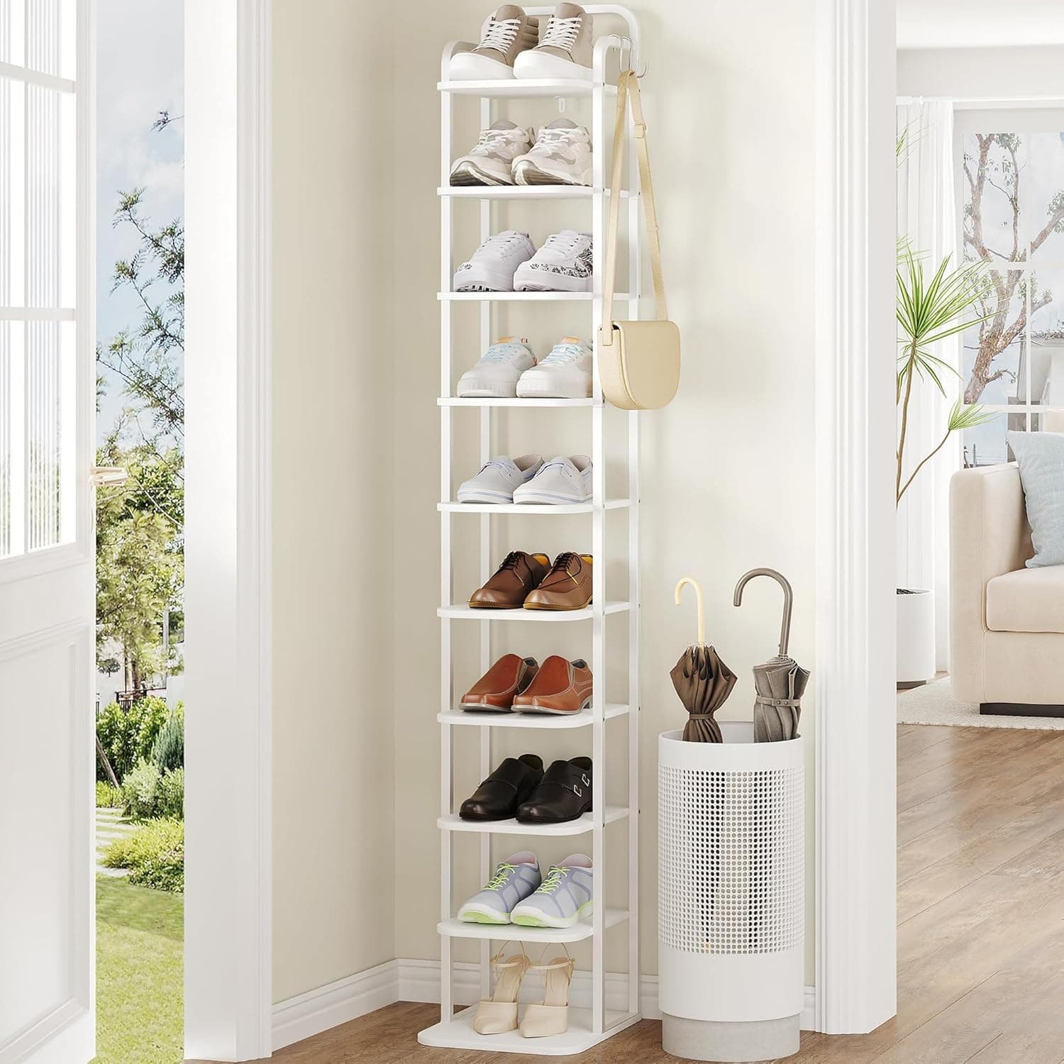 Hzuaneri Vertical Shoe Rack, Shoe Shelves, Wood Shoe Organizer for Closet, Entryway, Shoe Tower for Small Spaces, Free Standing, Adjustable, with 2 Hooks,10 Tiers White SR11213W - Image 1
