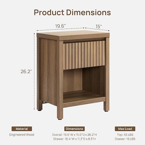 SICOTAS Fluted Night Stand Set of 2, Farmhouse Nightstands with Drawer, Boho Bedside Table with Storage Shelf, Large End Tables Bed Side Tables for Bedroom, Caramel Oak thumbnail 2
