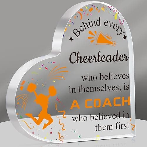 Tatuo Cheer Coach Gift Acrylic Sign Plaque Christmas Cheerleading Coach Appreciation Gift Keepsake Office Table Decor Thank You for Cheerleading Leader Christmas Idea(Orange,6 x 6 Inch,Heart) - Image 1