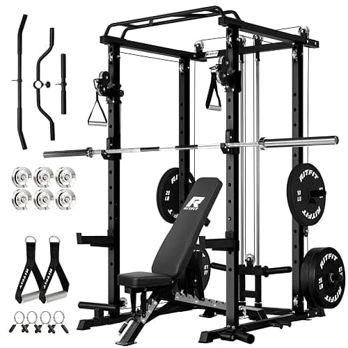 RitFit Multi-Function Garage & Home Gym Package Includes 1200LBS Power Cage PPC03/P3 with Cable Crossover System, Weight Bench, Olympic Barbell Weight Set, Full Body Workout - Image 1