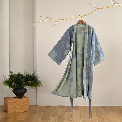 Purefair 100% Cotton Gauze Ginkgo Leaf Kimono Robe, Long Knit Loose Bathrobe Nightgown Ladies Loungewear Sleepwear for Women thumbnail 2